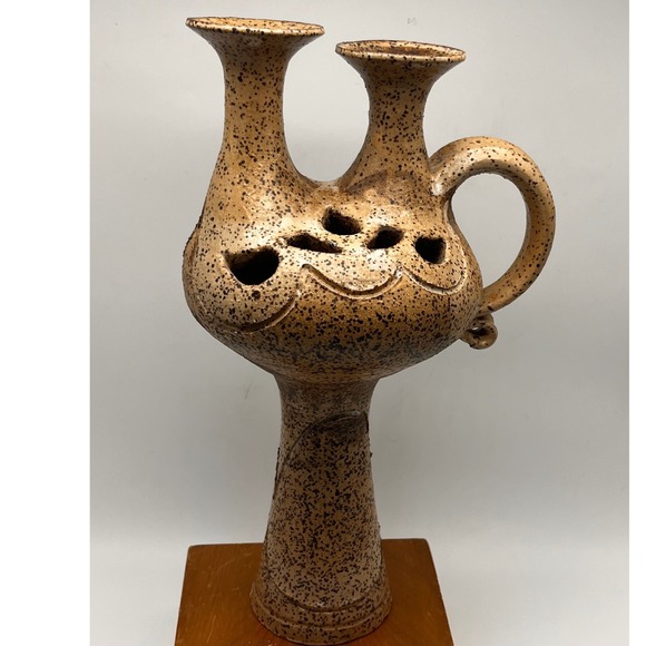 Vintage dual-neck design Folk art Studio pottery Unique One of a Kind